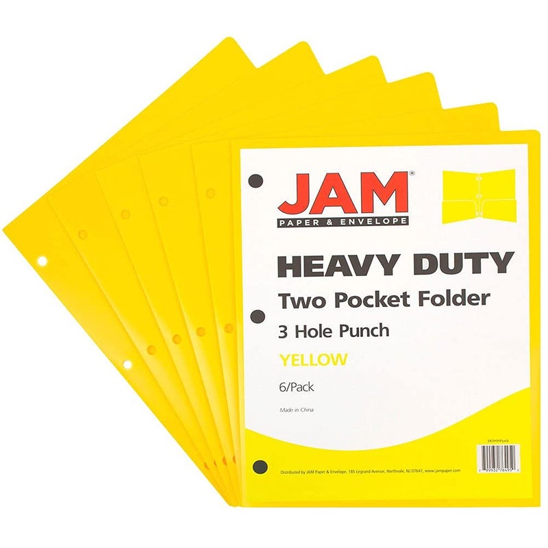 JAM PAPER Heavy Duty Plastic 3 Hole Punch Pocket Folders - Extra Tough School Folders - Yellow - 6/Pack - Image 2
